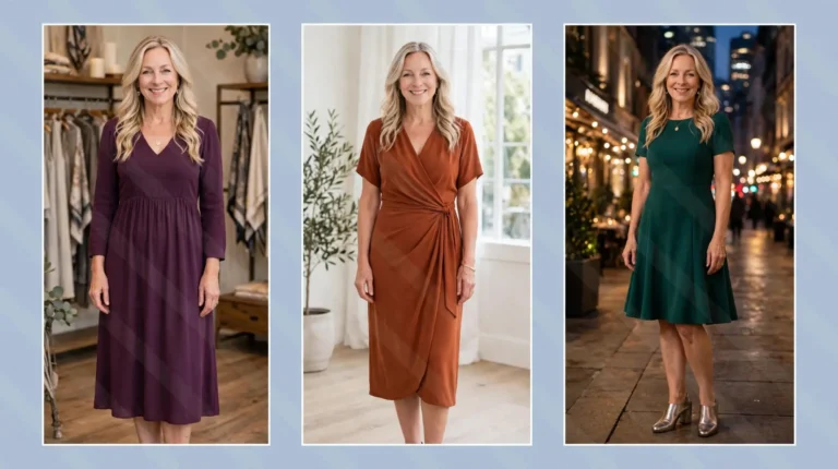 Style collage of a woman over 50 wearing three elongating outfits for a diamond body shape: a plum empire-waist dress, a rust wrap dress and an emerald swing dress.