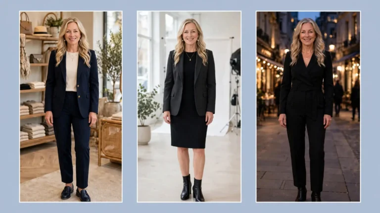 Style collage of a woman over 50 wearing three polished outfits for dramatic classic style: a navy relaxed trouser suit, a black sheath dress with charcoal blazer and a black tailored jumpsuit.