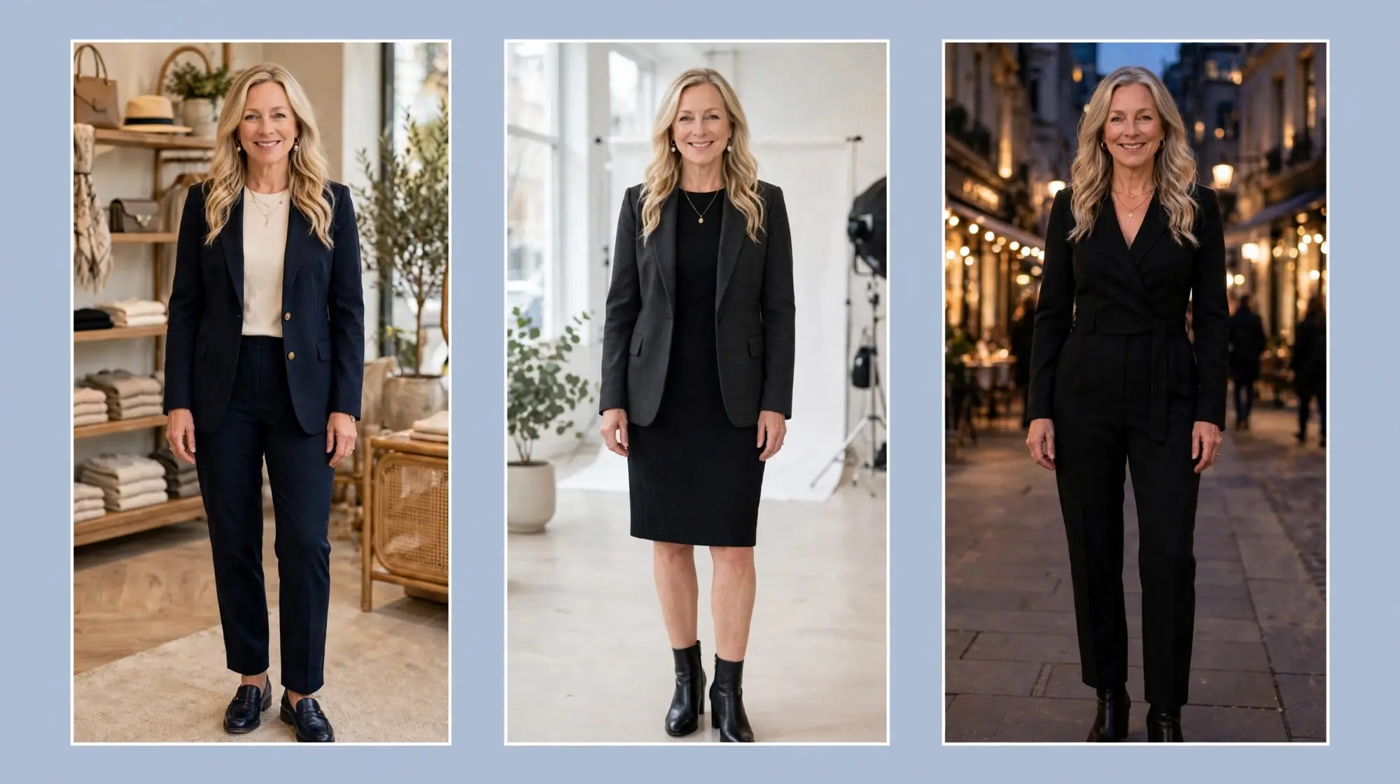 Style collage of a woman over 50 wearing three polished outfits for dramatic classic style: a navy relaxed trouser suit, a black sheath dress with charcoal blazer and a black tailored jumpsuit.
