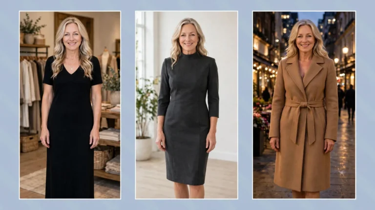 Style collage of a woman over 50 wearing three bold dresses for dramatic style: a black long column dress, a charcoal sharp-shouldered sheath dress and a camel coat dress.