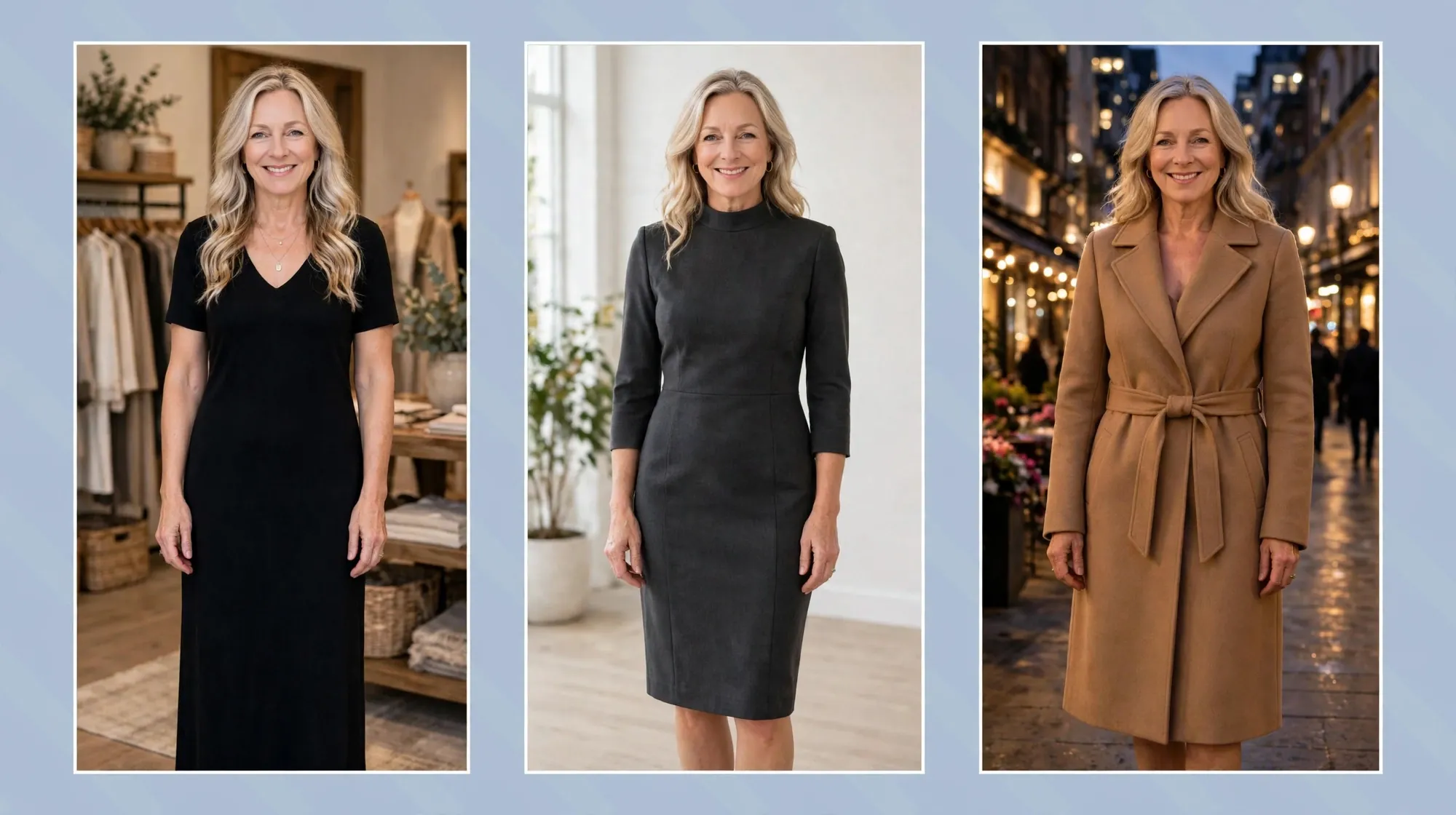 Style collage of a woman over 50 wearing three bold dresses for dramatic style: a black long column dress, a charcoal sharp-shouldered sheath dress and a camel coat dress.