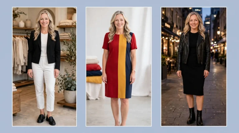 Style collage of a woman over 50 wearing three playful outfits for flamboyant gamine style: a black cropped blazer with white trousers, a red-yellow-navy colour-block shift dress and a black biker jacket over a black dress.