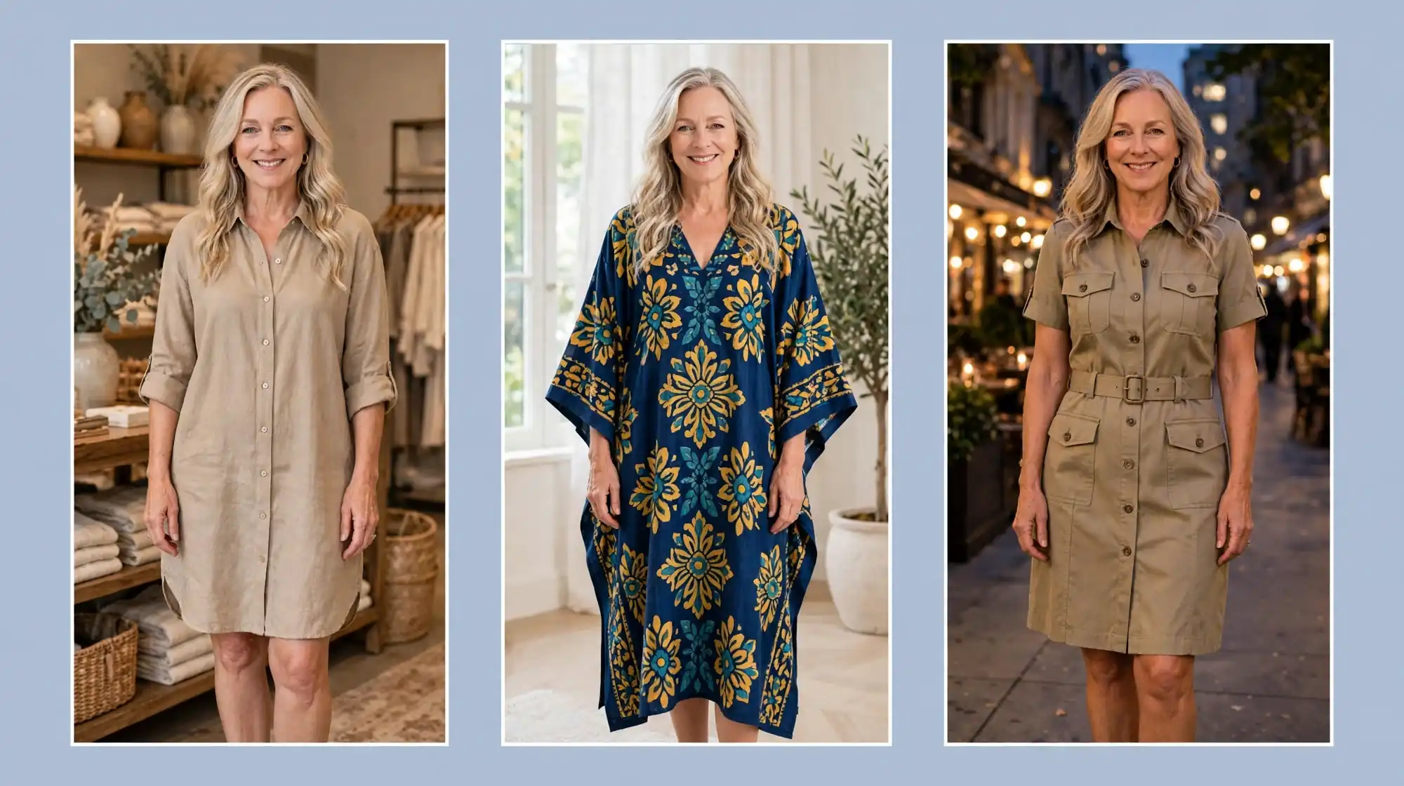 Style collage of a woman over 50 wearing three relaxed dresses for flamboyant natural style: a flax oversized linen shirt dress, an indigo kaftan dress and a khaki safari dress.