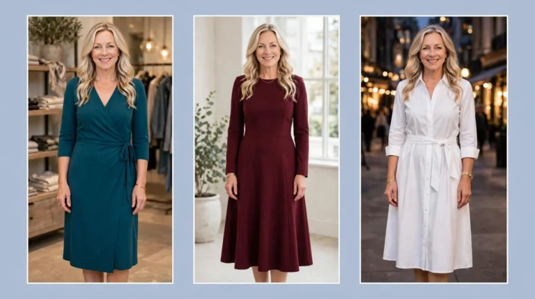 Style collage of a woman over 50 wearing three curve-celebrating dresses for an hourglass figure: a teal classic wrap dress, a burgundy fit-and-flare midi dress and a white belted shirtdress.