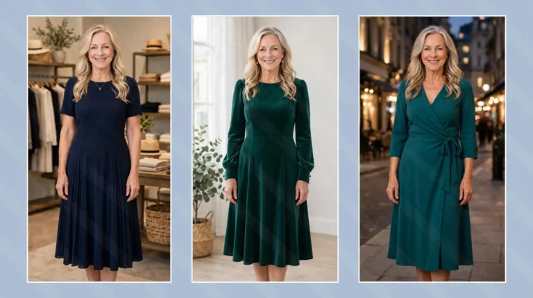 Style collage of a woman over 50 wearing three flattering dresses for an inverted triangle figure: a navy A-line midi dress, an emerald fit-and-flare dress and a teal wrap dress.