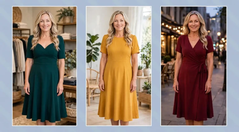 Style collage of a woman over 50 wearing three flattering dresses for a pear-shaped figure: an emerald fit-and-flare dress, a mustard A-line midi dress and a burgundy wrap dress.