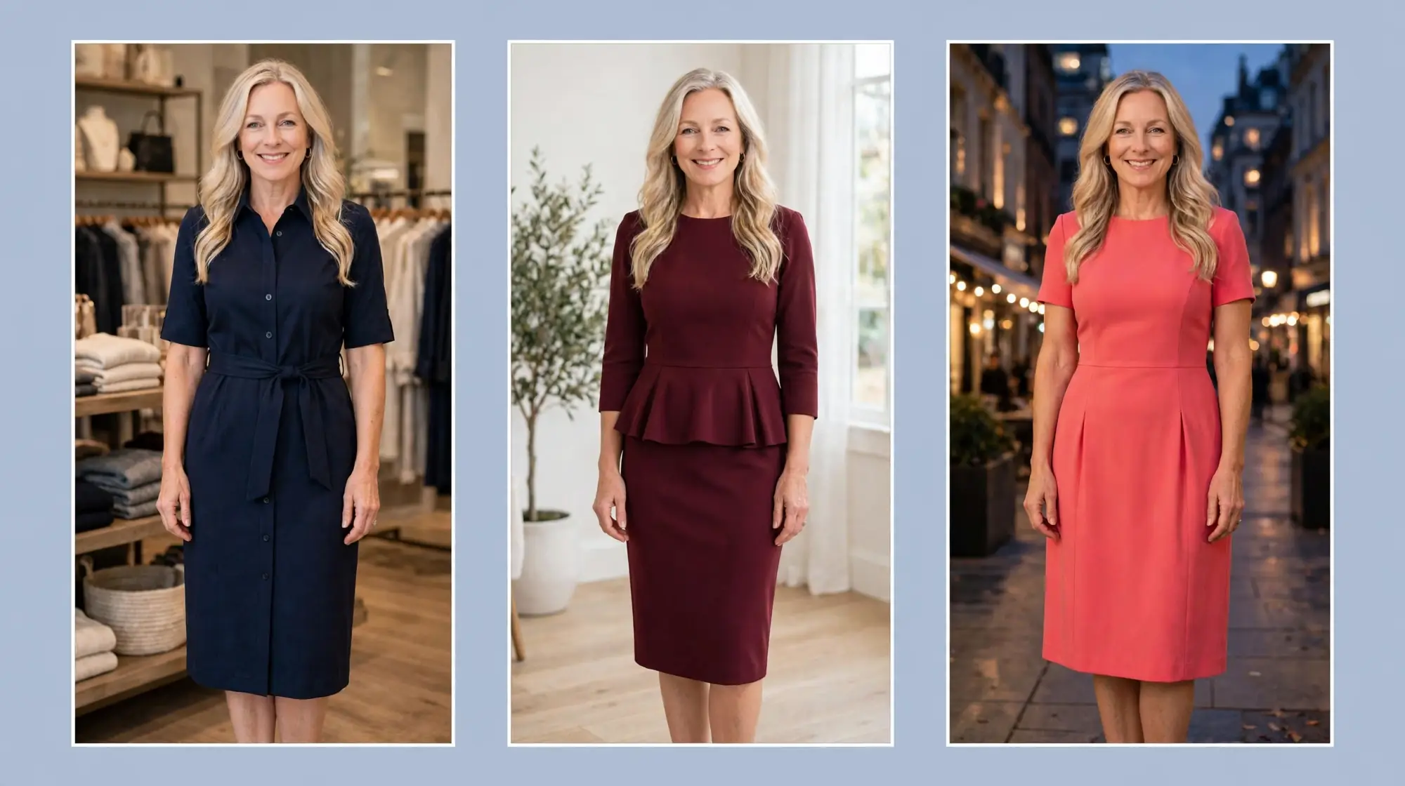 Style collage of a woman over 50 wearing three dresses that define the waist for a rectangle body shape: a navy belted shirt dress, a burgundy peplum dress and a coral fit-and-flare dress.