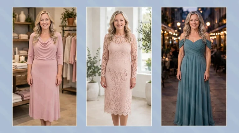 Style collage of a woman over 50 wearing three soft feminine dresses for romantic style: a dusty pink draped jersey cowl midi dress, a blush lace overlay dress and a dusty teal off-the-shoulder chiffon gown.