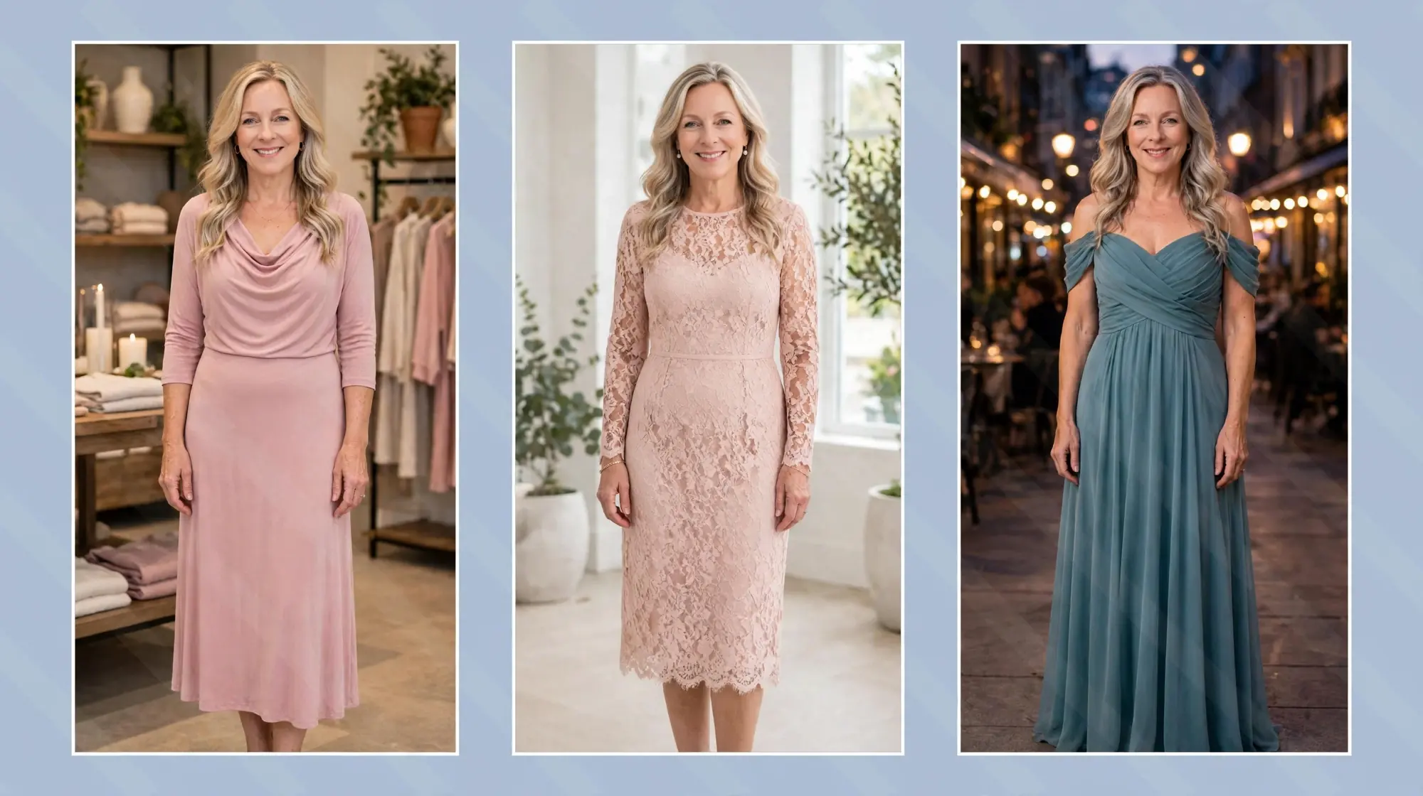 Style collage of a woman over 50 wearing three soft feminine dresses for romantic style: a dusty pink draped jersey cowl midi dress, a blush lace overlay dress and a dusty teal off-the-shoulder chiffon gown.