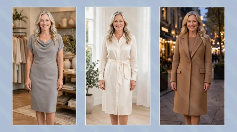 Style collage of a woman over 50 wearing three refined dresses for soft classic style: a dove grey soft-shouldered sheath dress, an ivory silk shirt dress and a camel coat dress.