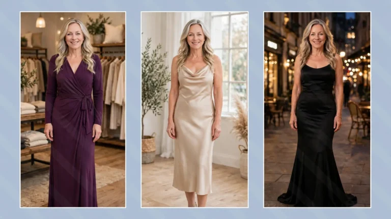 Style collage of a woman over 50 wearing three draped dresses for a soft dramatic figure: a plum wrap gown, a champagne satin cowl-neck midi and a black satin trumpet gown.