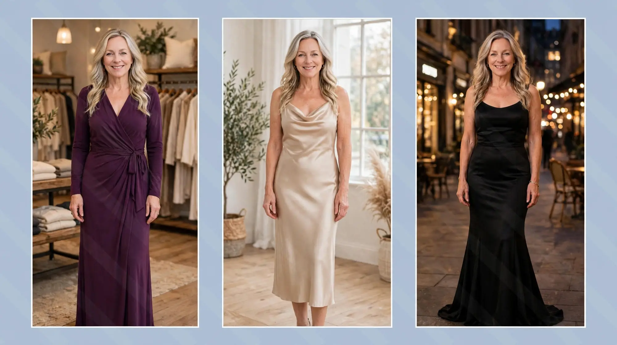 Style collage of a woman over 50 wearing three draped dresses for a soft dramatic figure: a plum wrap gown, a champagne satin cowl-neck midi and a black satin trumpet gown.