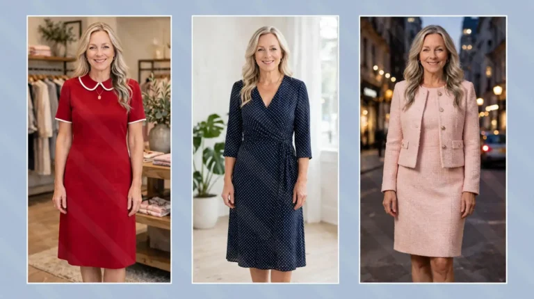 Style collage of a woman over 50 wearing three youthful dresses for soft gamine style: a cherry red fit-and-flare dress with Peter Pan collar, a navy polka-dot wrap dress and a blush tweed shift with cropped jacket.