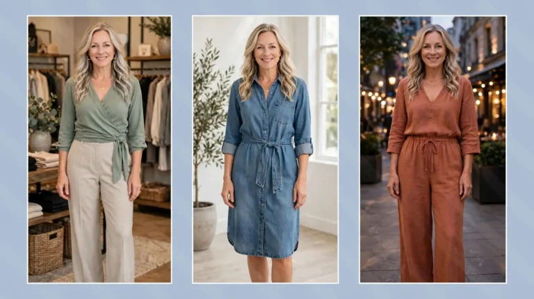 Style collage of a woman over 50 wearing three soft everyday outfits for soft natural style: a sage wrap top with wide-leg trousers, a denim belted shirt dress and a terracotta drawstring jumpsuit.