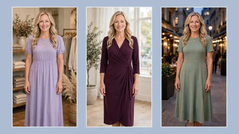 Style collage of a woman over 50 wearing three graceful dresses for a spoon-shaped figure: a lavender empire-waist dress, a plum wrap dress and a sage A-line dress.