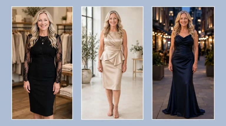 Style collage of a woman over 50 wearing three glamorous dresses for theatrical romantic style: a black lace-sleeve sheath dress, a champagne satin peplum cocktail dress and a navy satin trumpet evening gown.