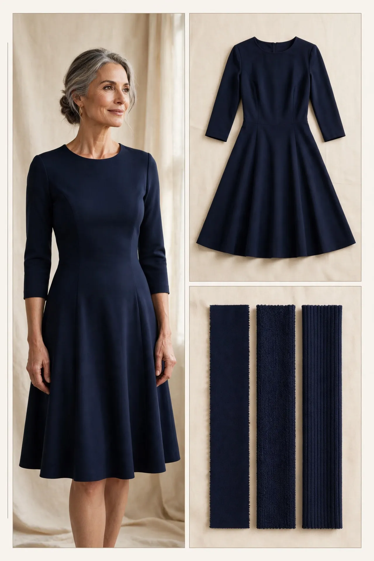 Navy fit-and-flare dress for pear-shaped women over 50 — fitted bodice, flared skirt, flat lay and ponte fabric swatches