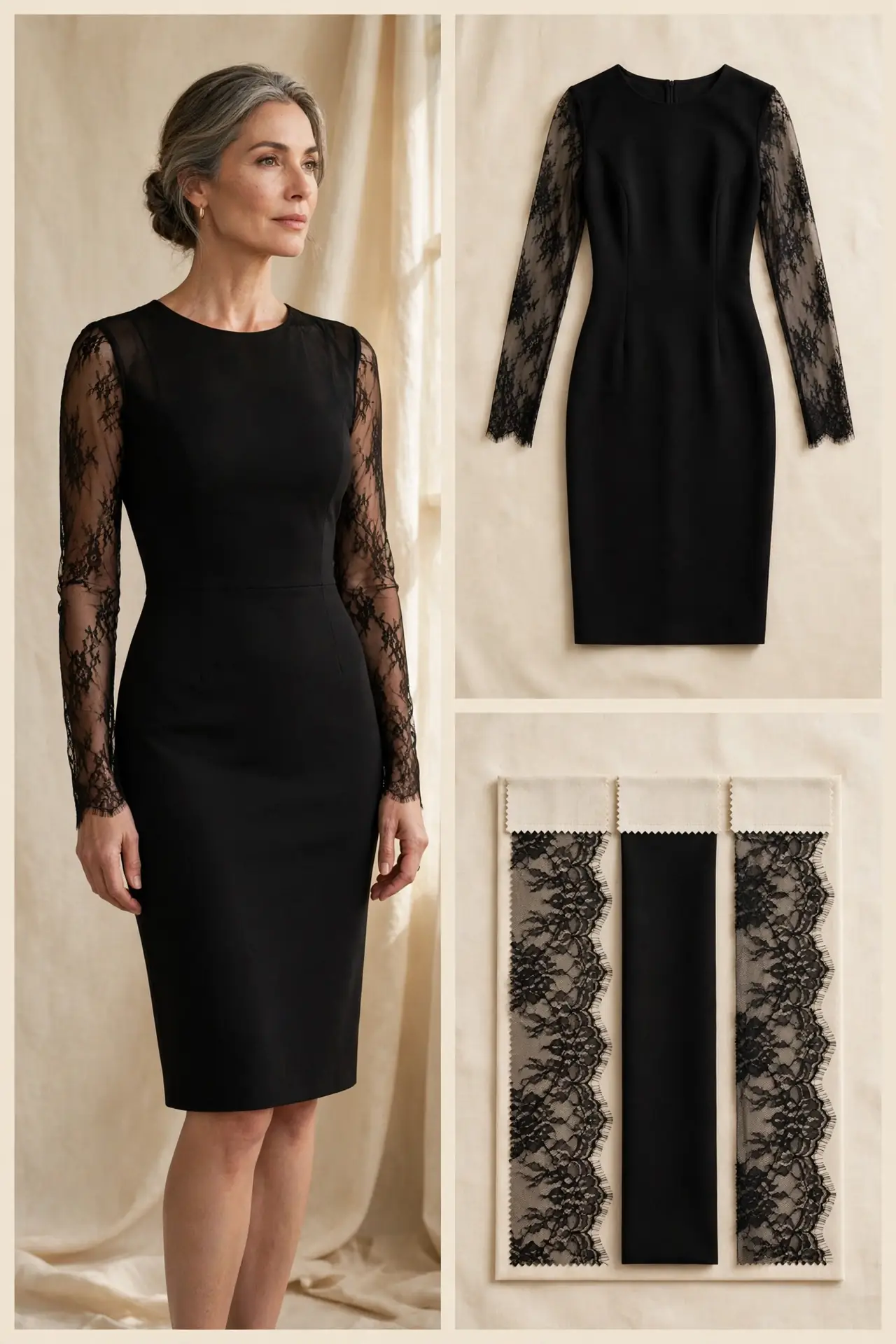 Fashion collage of a woman over 50 wearing a black fitted sheath dress with sheer lace long sleeves and solid black bodice, with matching flat-lay and lace fabric swatches