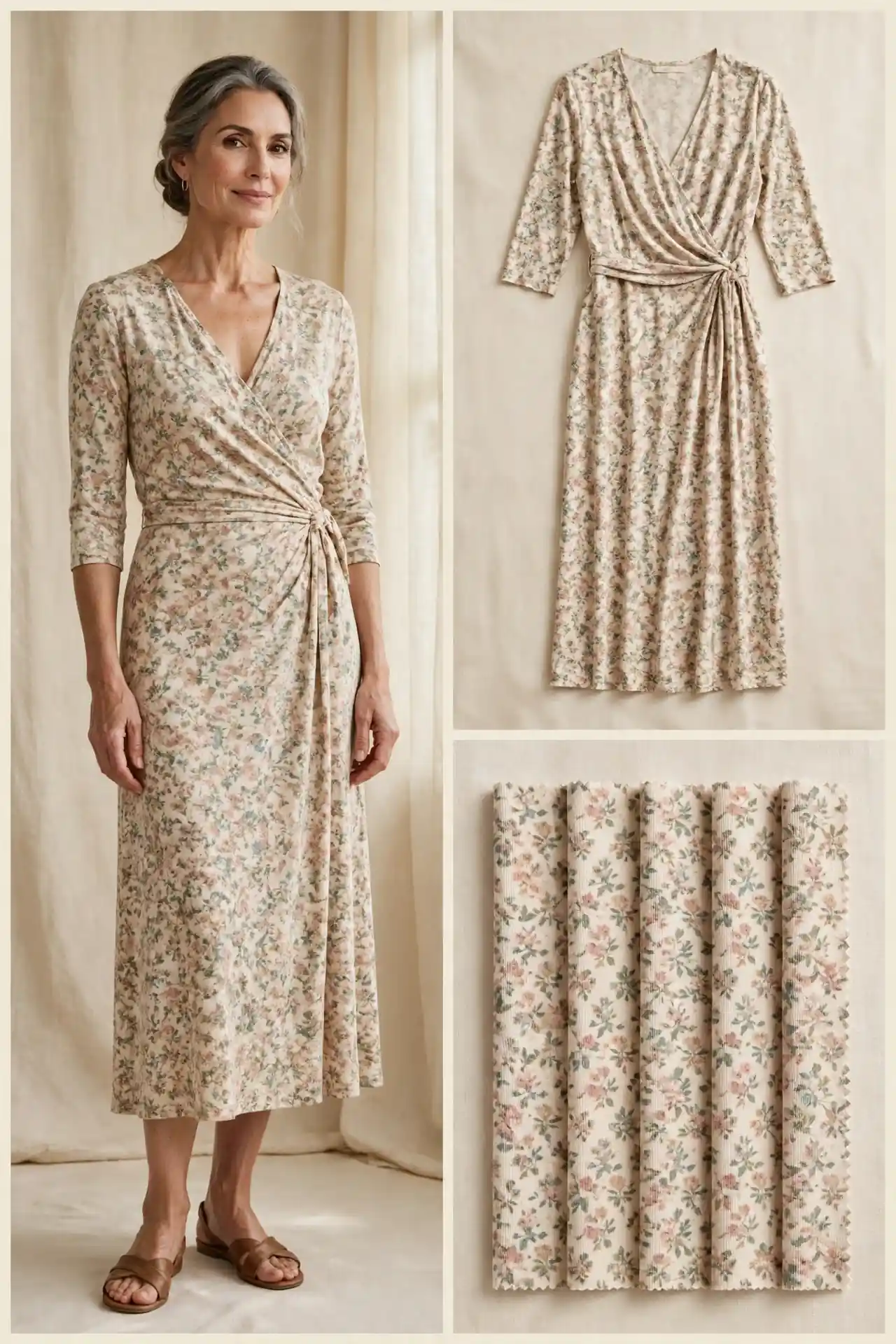 A woman over 50 wearing a soft floral jersey wrap midi dress with elbow sleeves, with matching flat-lay and fabric swatches