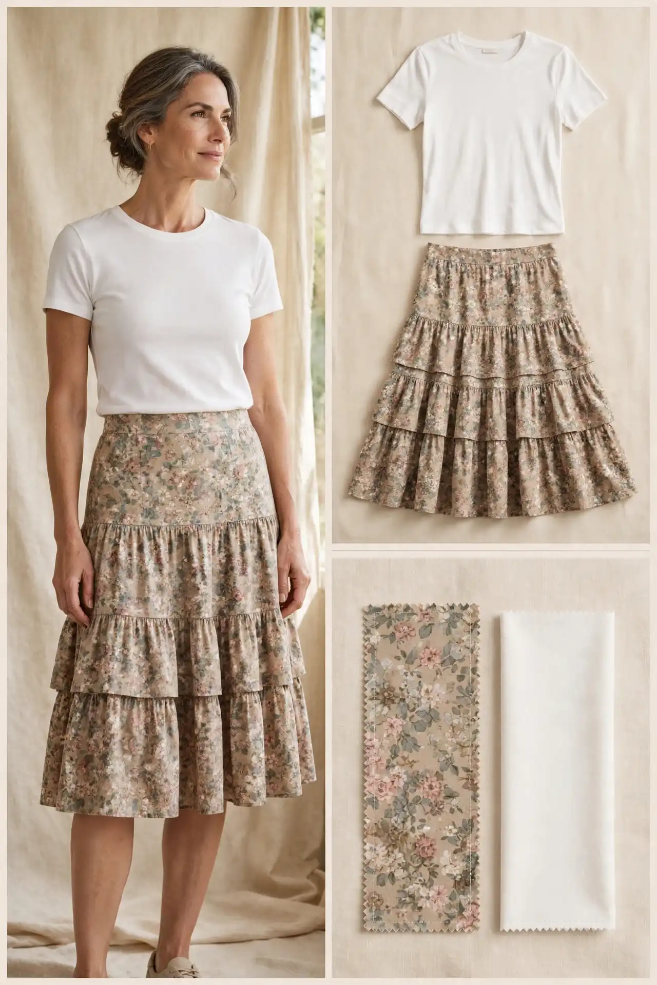 Woman over 50 wearing a dusty floral tiered cotton skirt with a fitted white tee, shown with a flat-lay of the skirt and tee and cotton fabric swatches