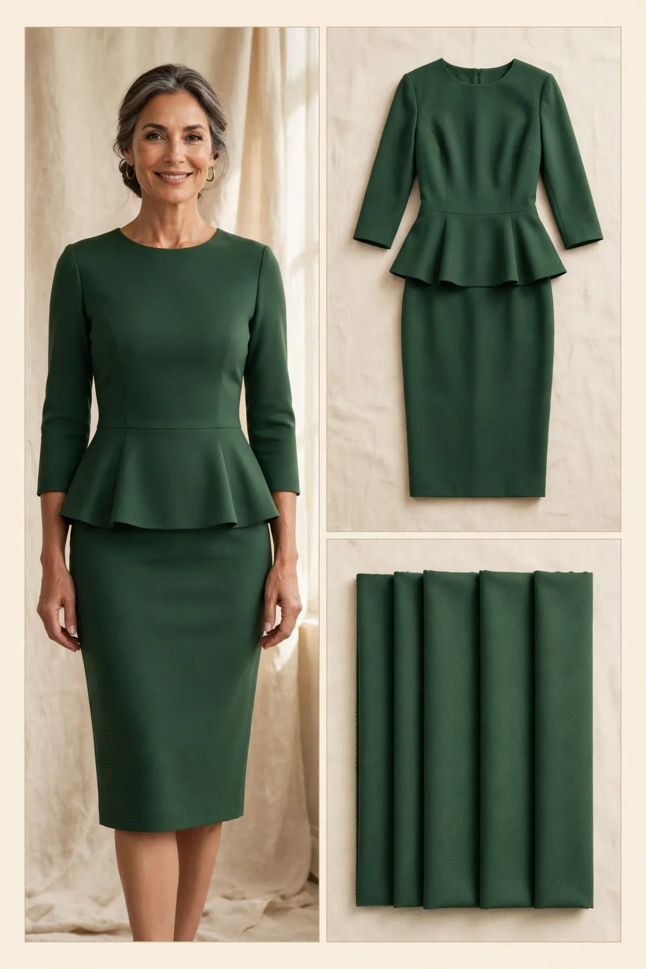 Elegant woman over 50 wearing a forest green peplum dress with a softly flared peplum panel at the natural waist over a fitted skirt, knee length, 3/4 sleeves, shown as worn photo, flat-lay and fabric swatches