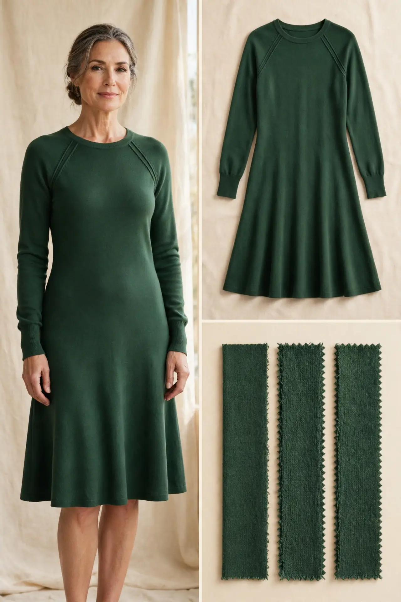 Woman over 50 wearing a forest green soft-knit raglan-sleeve dress