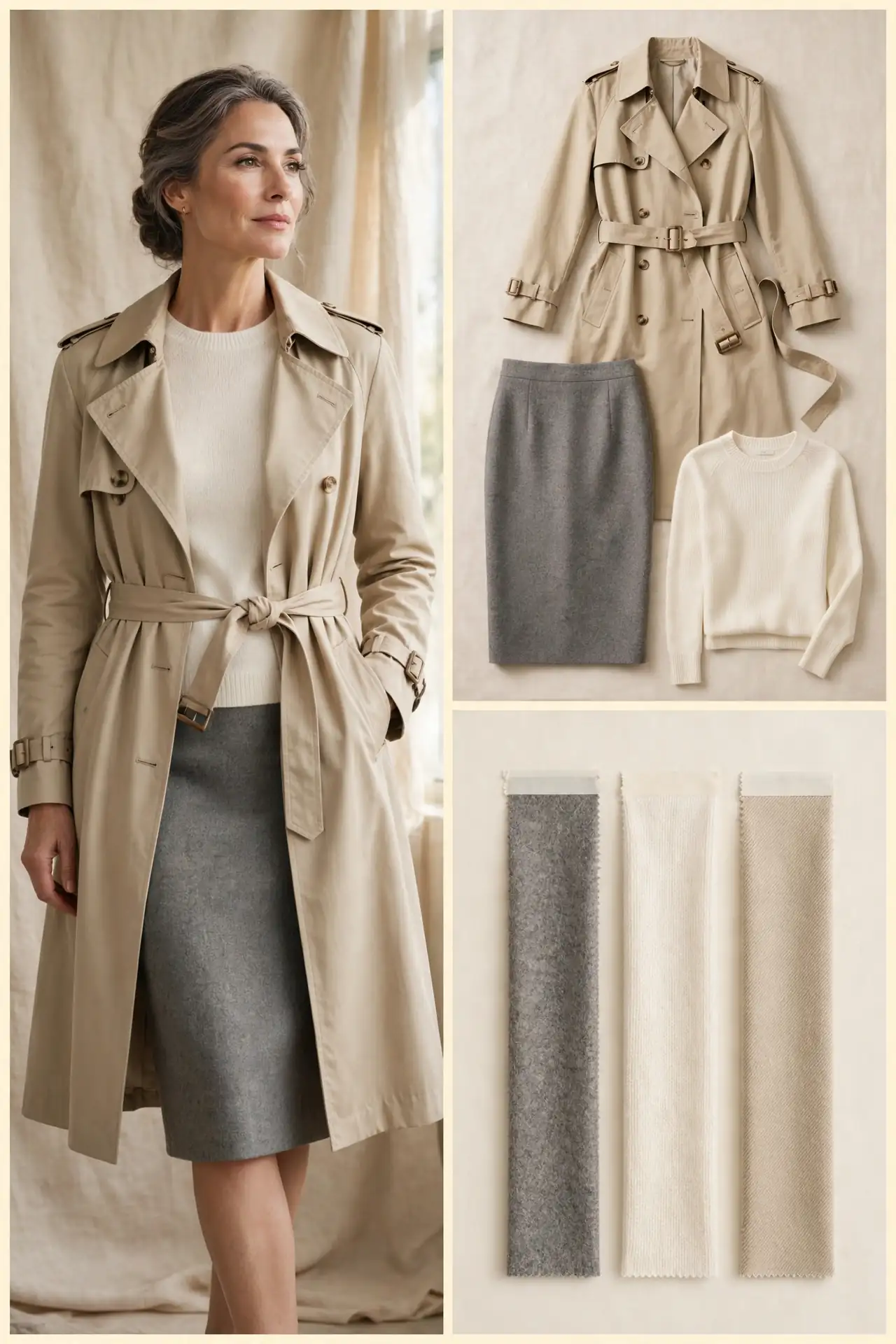 Woman over 50 wearing a grey wool pencil skirt with an ivory fine-knit sweater under an open beige trench coat, shown with a matching flat-lay and fabric swatches