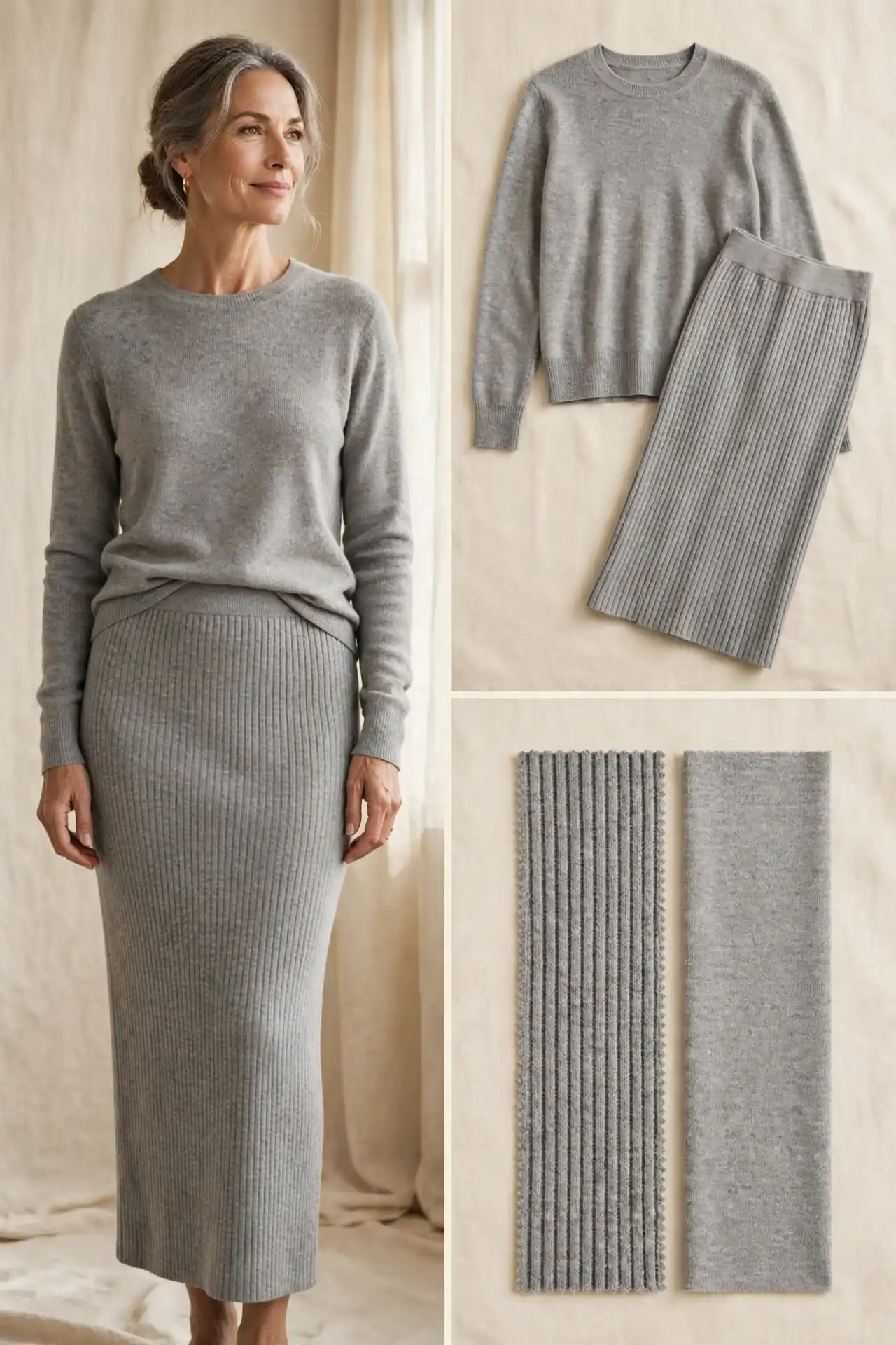 A woman over 50 wearing a heather grey fine-knit sweater tucked into a ribbed knit midi skirt, with matching flat-lay and fabric swatches