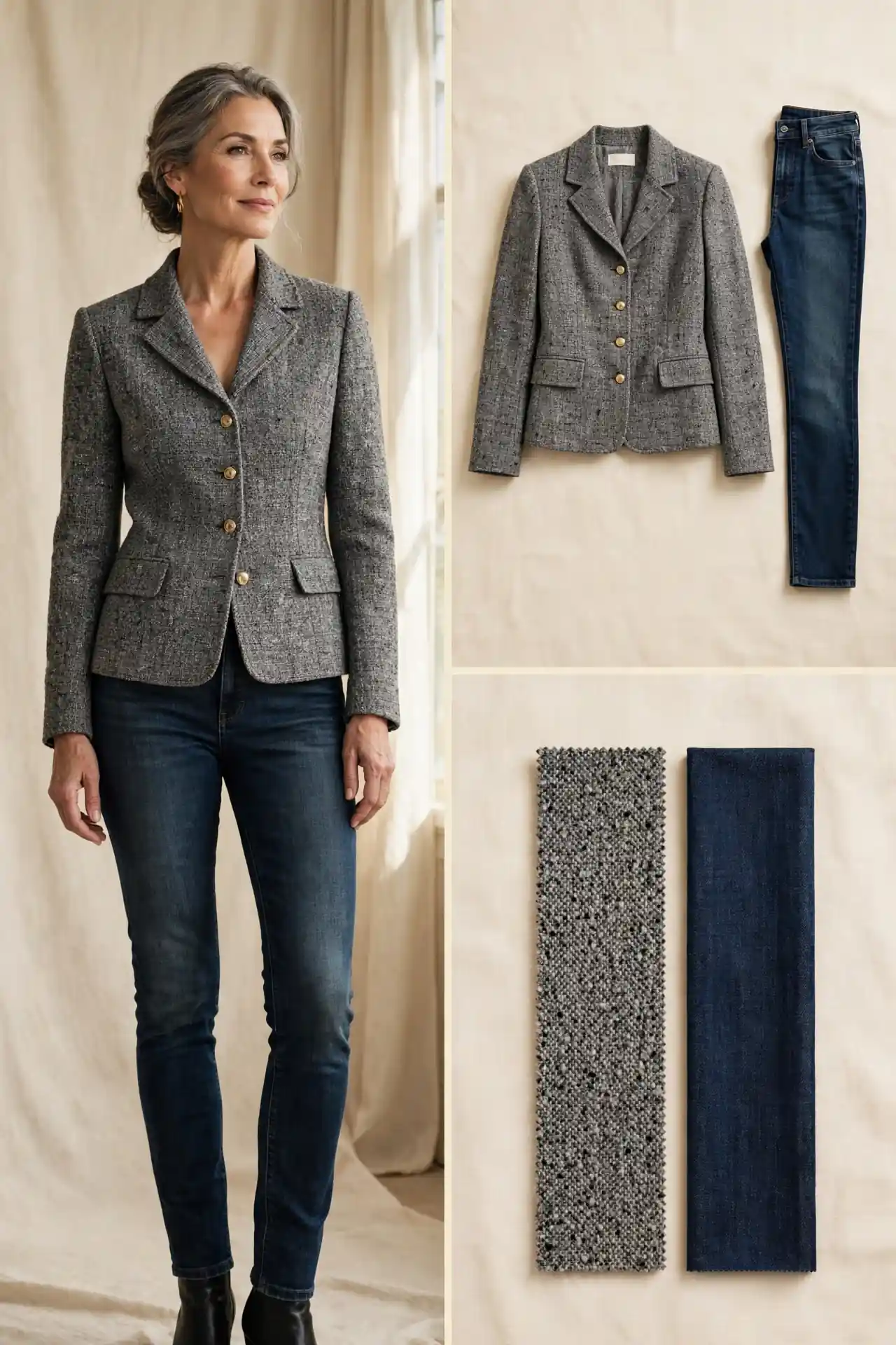 Woman over 50 in a grey tweed structured jacket with slim dark-wash jeans, with matching flat-lay and tweed and denim swatches