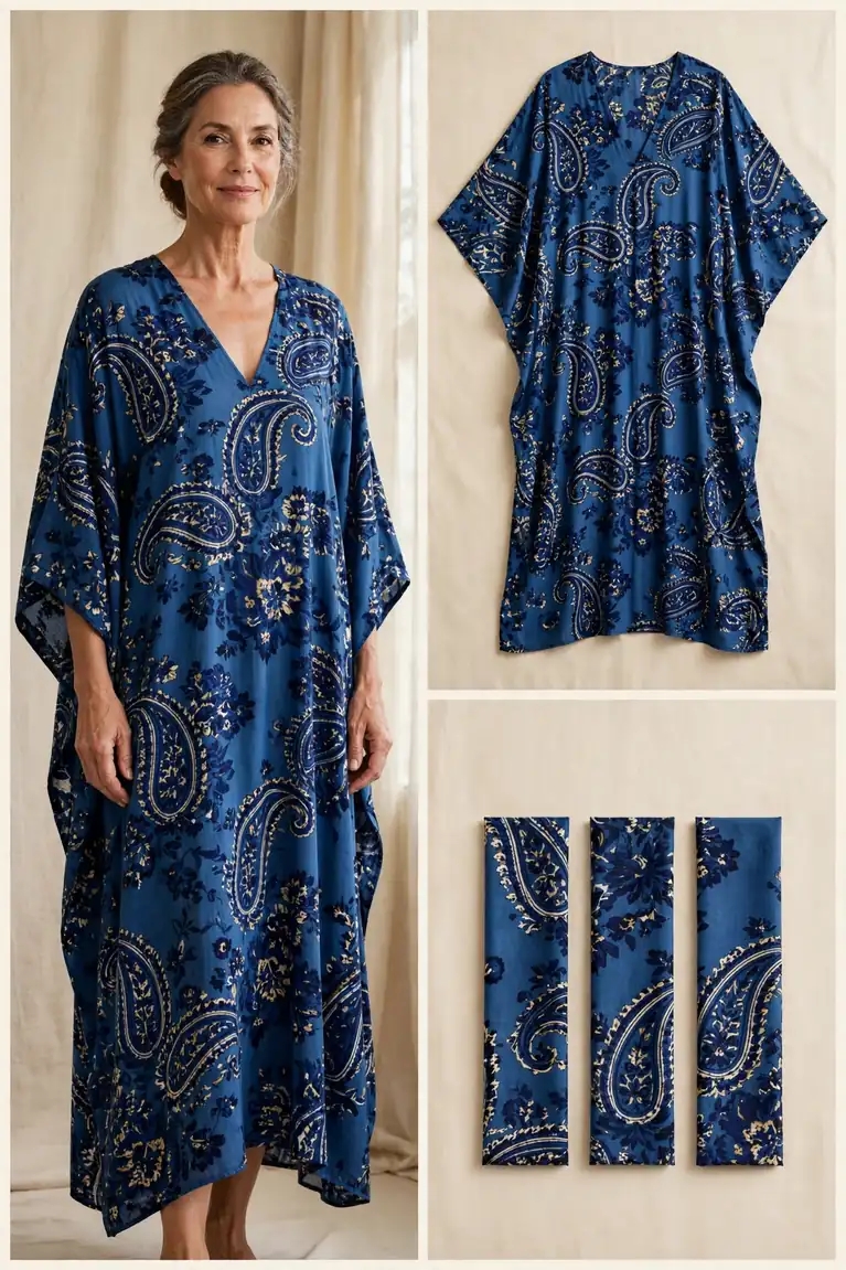 Woman over 50 wearing an indigo blue bold-print kaftan dress with wide sleeves, collage showing flat-lay and matching fabric swatches