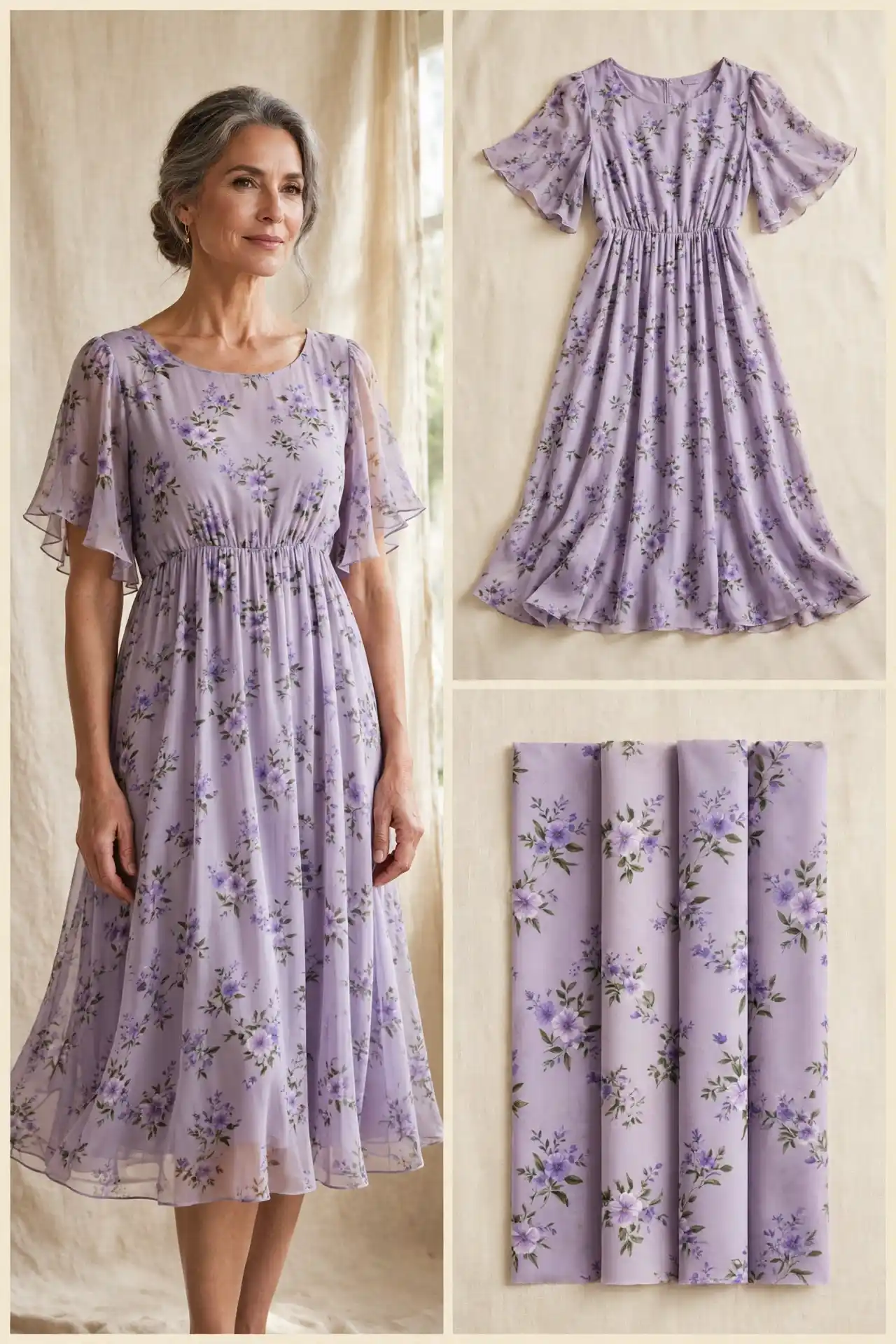 Elegant woman over 50 in a lavender floral empire-waist chiffon dress with flutter sleeves, shown worn, as a flat-lay, and as fabric swatches.