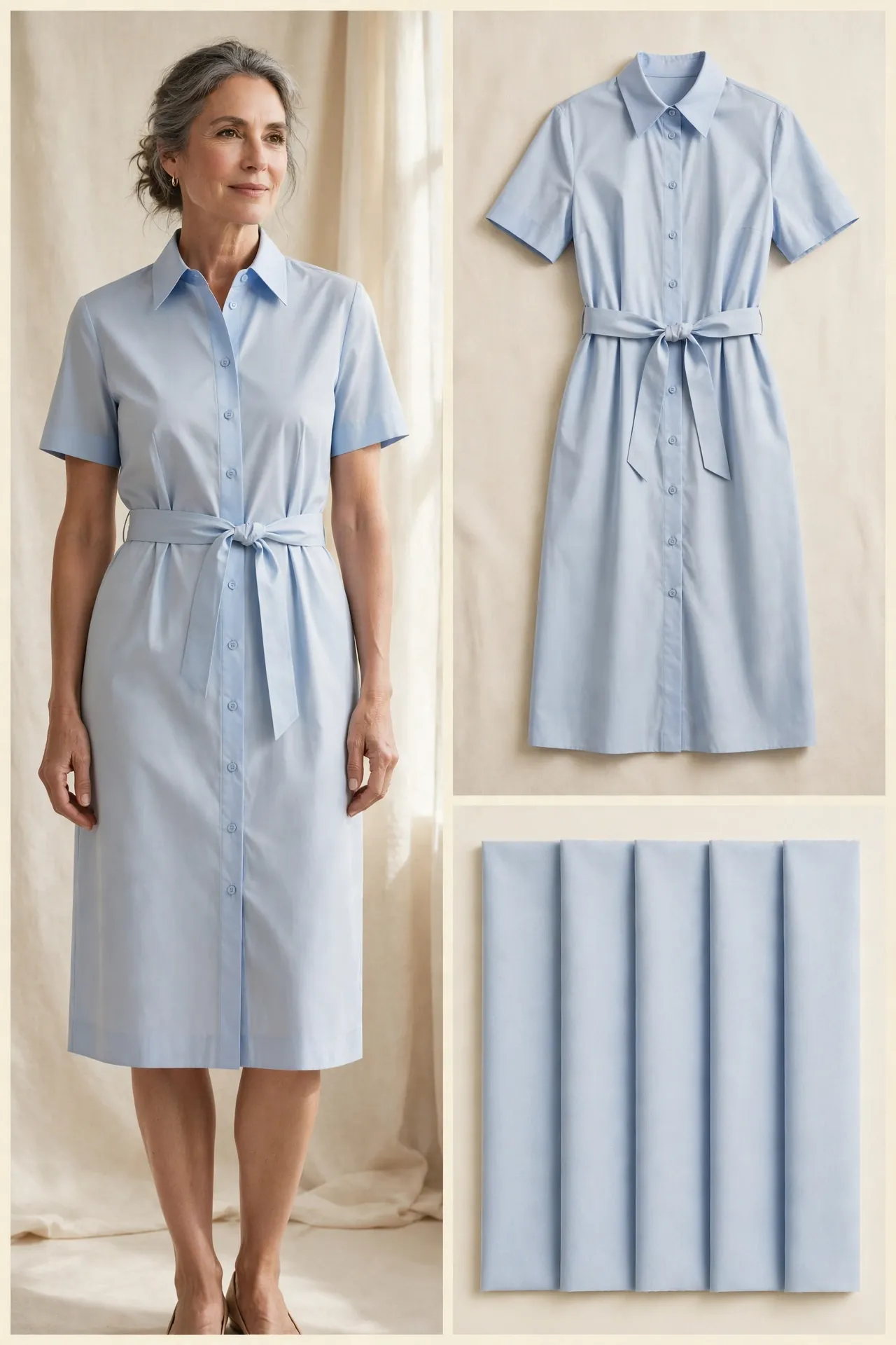 Elegant woman over 50 in a light blue belted poplin shirt dress with sharp pointed collar, shown with a matching flat-lay and smooth cotton fabric swatches