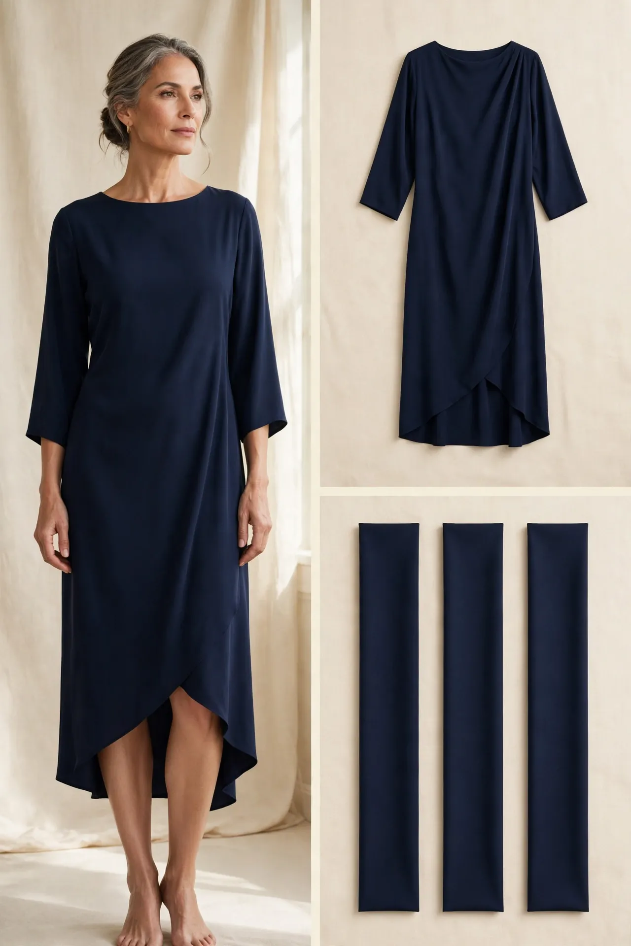A woman over 50 wearing a navy draped dress with an asymmetric hem in fluid matte fabric.