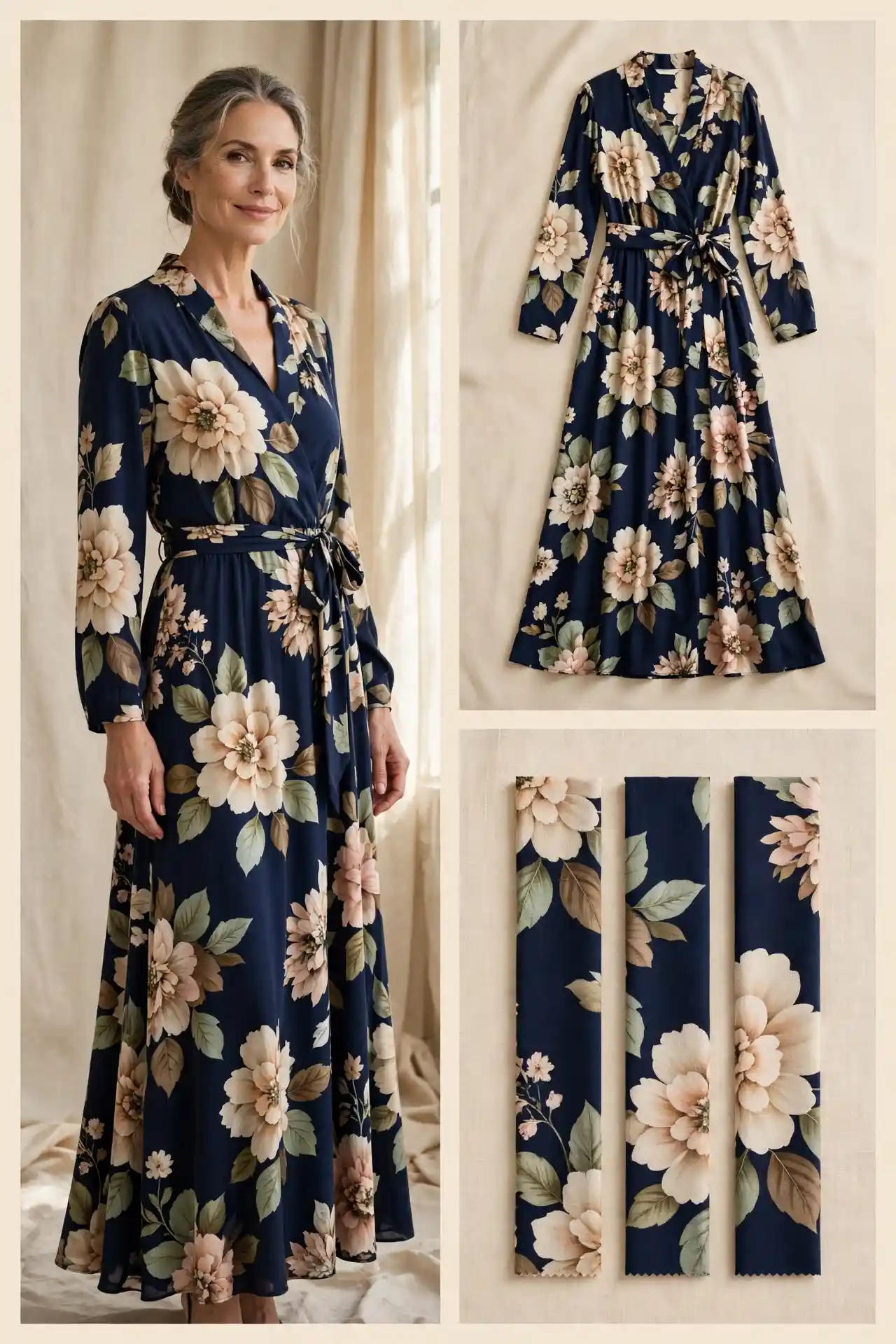 A radiant woman over 50 wearing a navy bold-floral belted maxi dress with a large-scale floral print and V-neck.