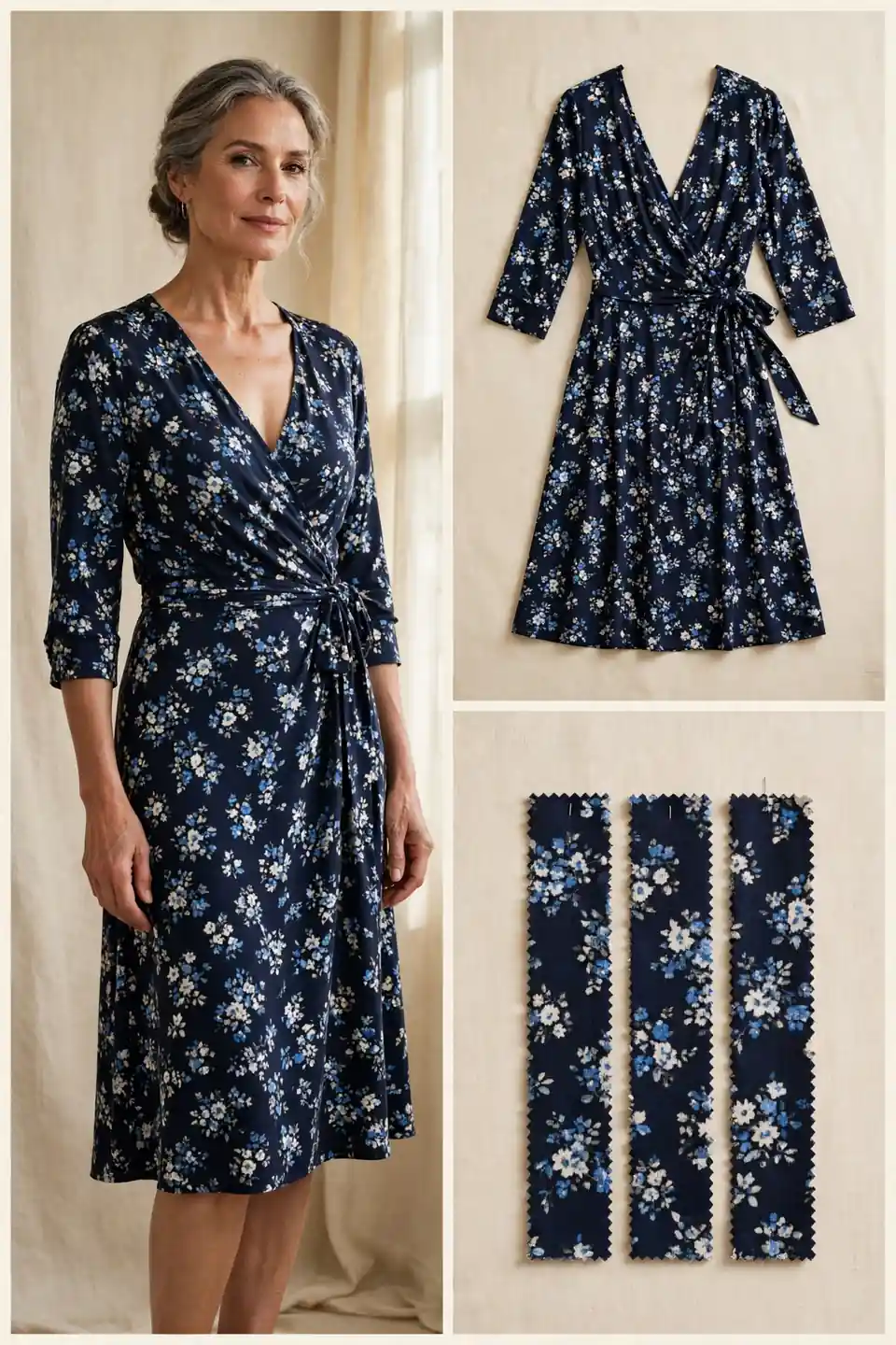 Woman over 50 wearing a navy floral jersey wrap dress with V-neck and waist tie