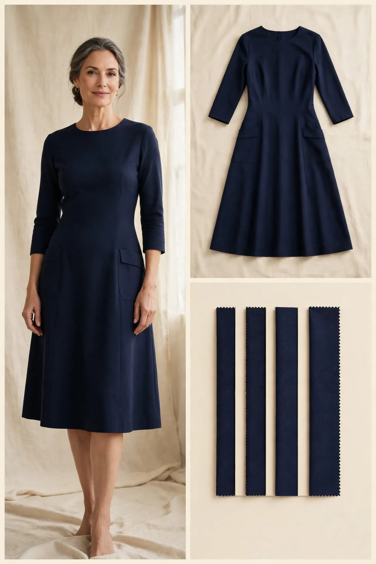 Woman over 50 wearing a navy dress with patch pockets at the hips and a fitted bodice