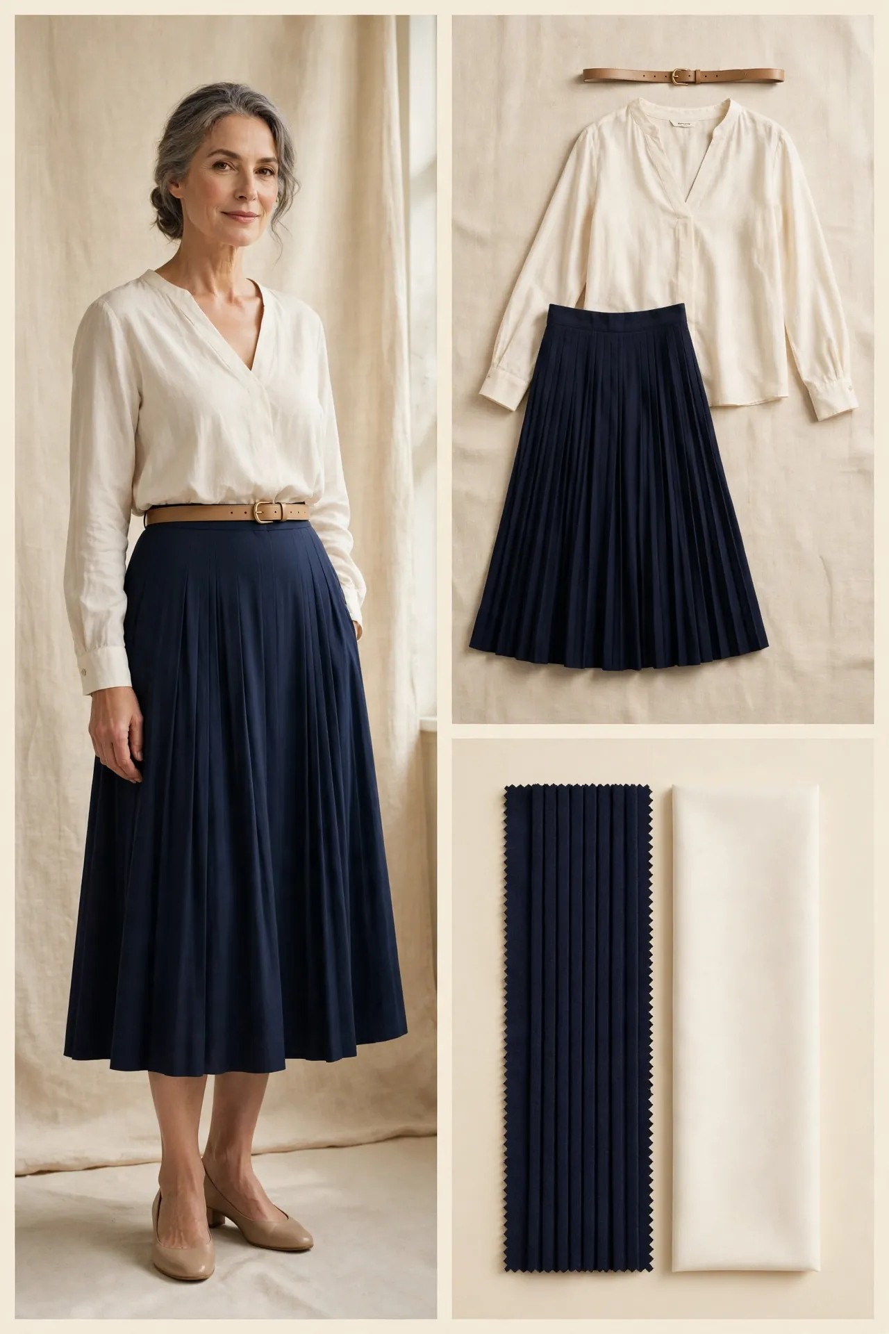 A woman over 50 wearing a navy pleated midi skirt with a cream V-neck blouse and a thin tan belt.