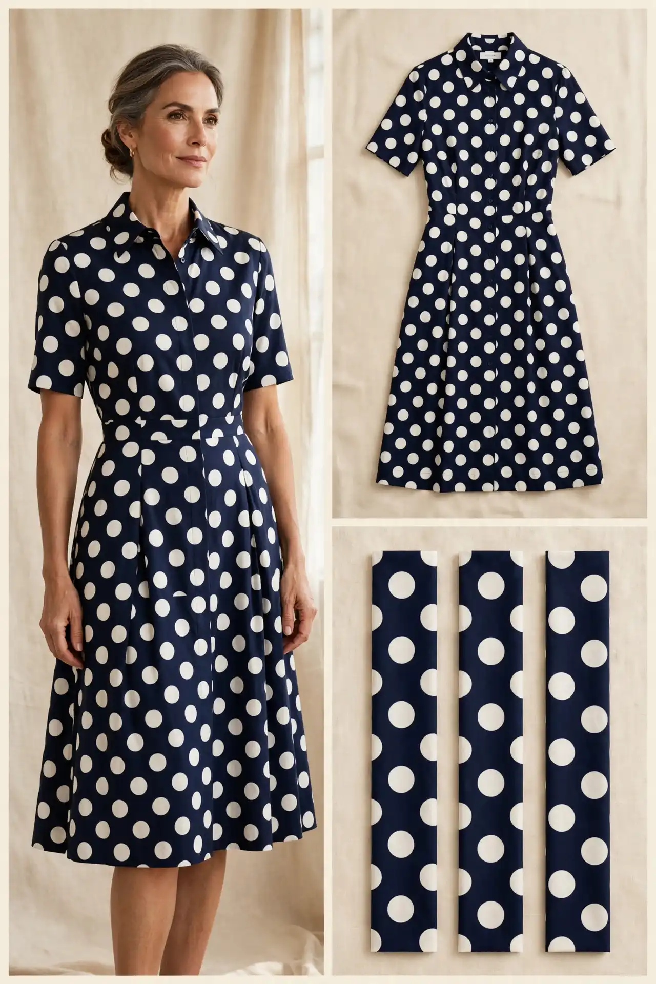 Woman over 50 in a navy polka-dot dress with a crisp collar and fitted waist, shown with a flat-lay of the dress and fabric swatches
