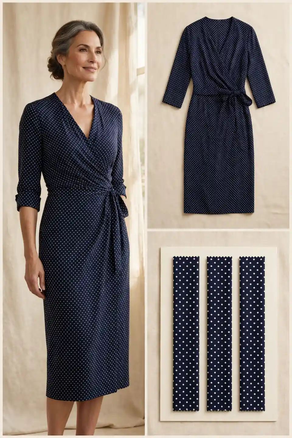 Woman over 50 in a navy polka-dot wrap dress with a soft V-neck, 3/4 sleeves and knee length, with matching flat-lay and polka-dot fabric swatches