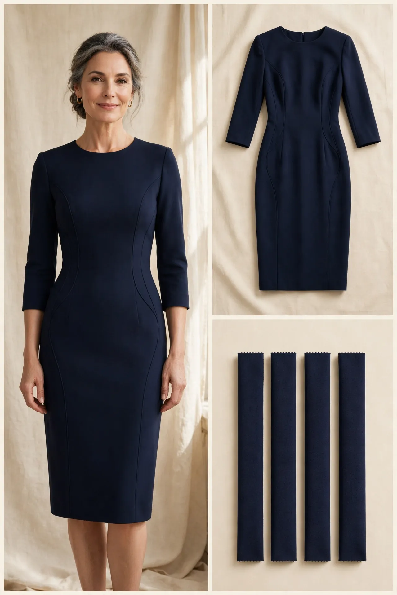 Elegant woman over 50 wearing a navy princess-seam sheath dress with curved seams, knee length and 3/4 sleeves, shown as worn photo, flat-lay and fabric swatches