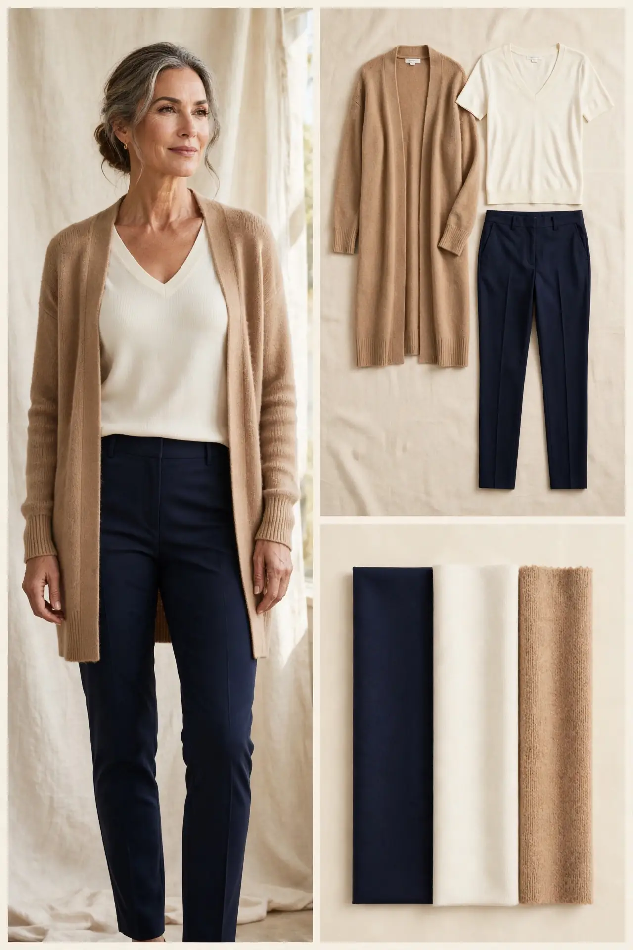 A woman over 50 wearing navy slim trousers, an ivory V-neck top, and a long mid-thigh camel drape cardigan in soft knit.