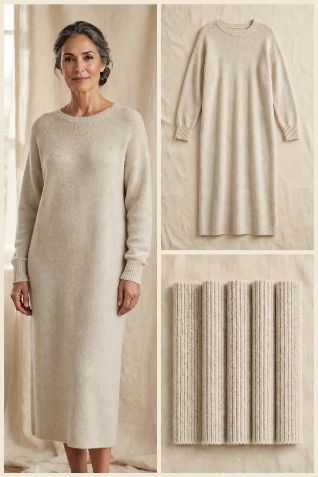 Woman over 50 in an oatmeal drop-shoulder knit midi dress with relaxed straight cut, collage with flat-lay and wool-blend swatches