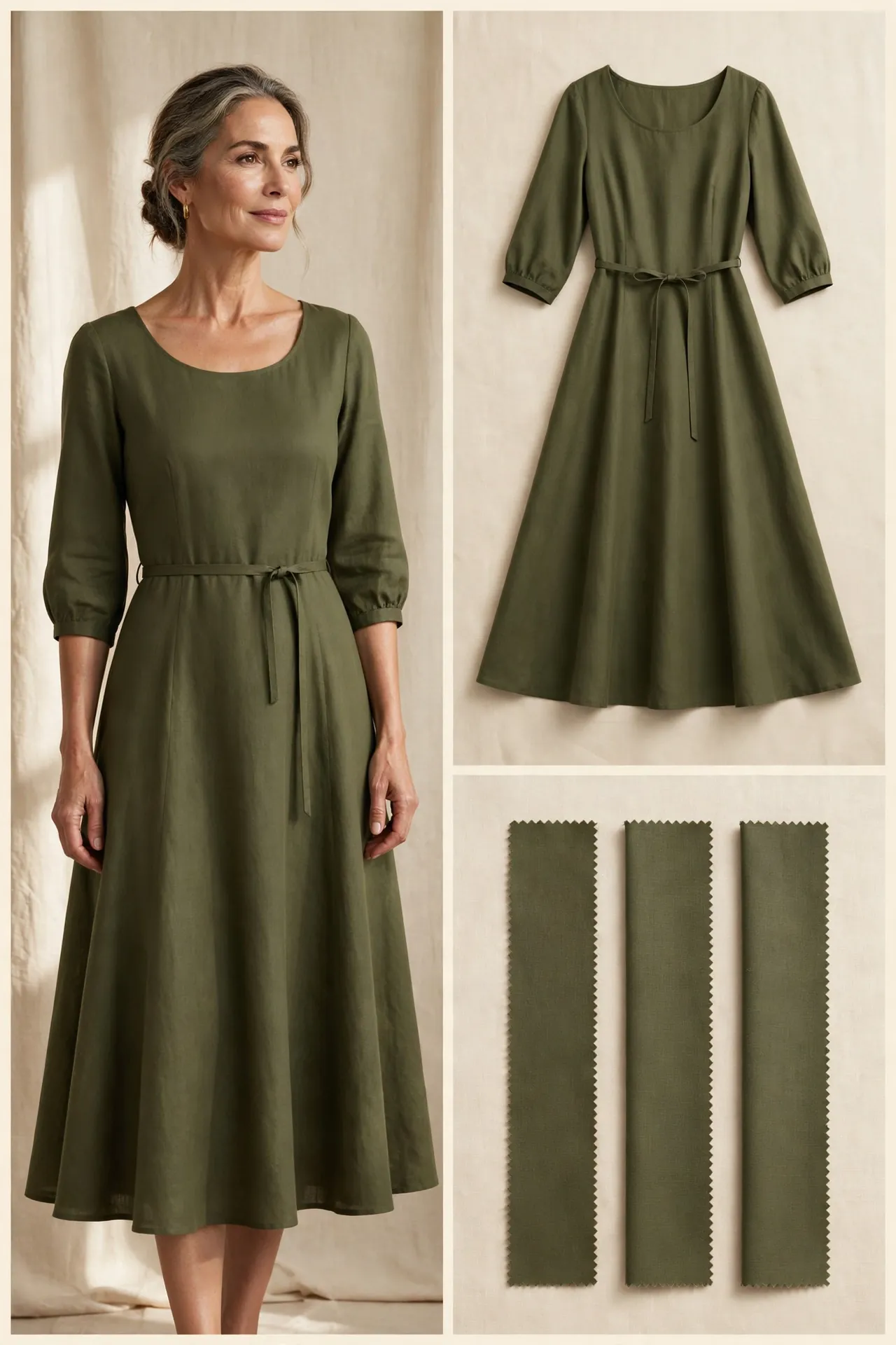 Woman over 50 wearing an olive A-line midi dress with a scoop neck and thin belt