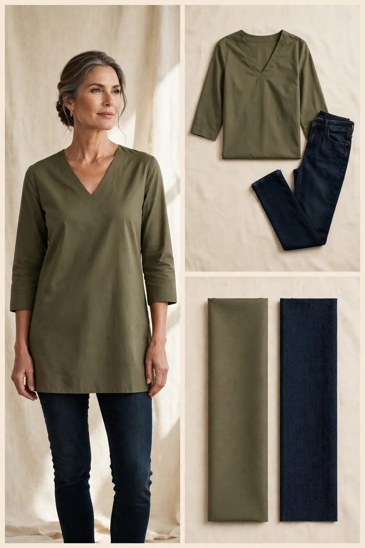 A woman over 50 wearing an olive V-neck tunic over dark slim jeans.