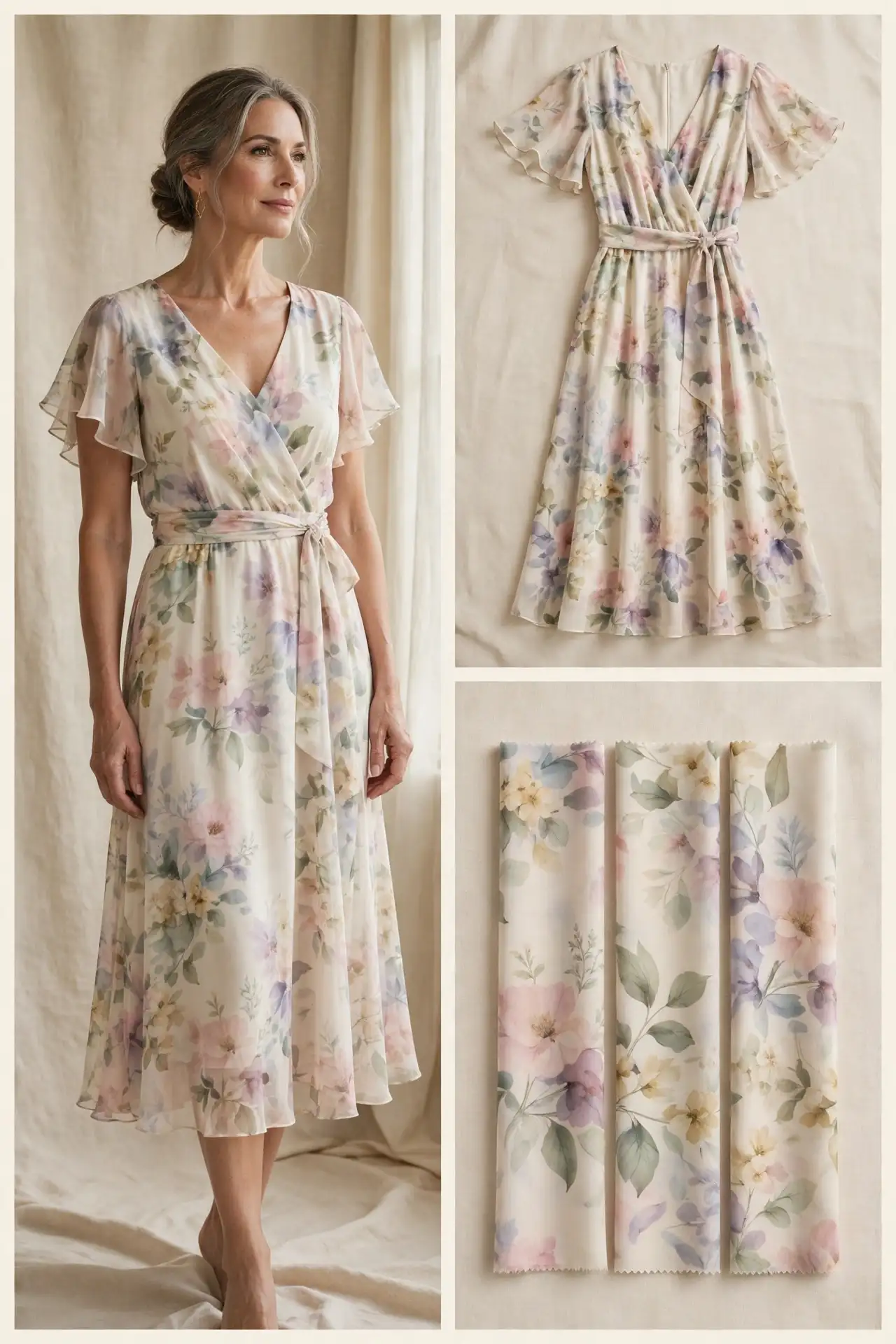 Elegant woman over 50 in a pastel watercolour-floral chiffon midi dress with flutter sleeves and a defined waist, shown worn, as a flat-lay, and as fabric swatches.