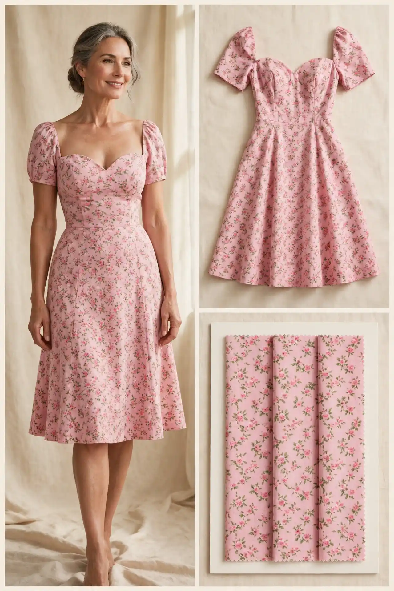 Woman over 50 in a pink small-floral sweetheart-neck tea dress with a fitted waist, soft skirt, short sleeves and knee length, with matching flat-lay and floral fabric swatches