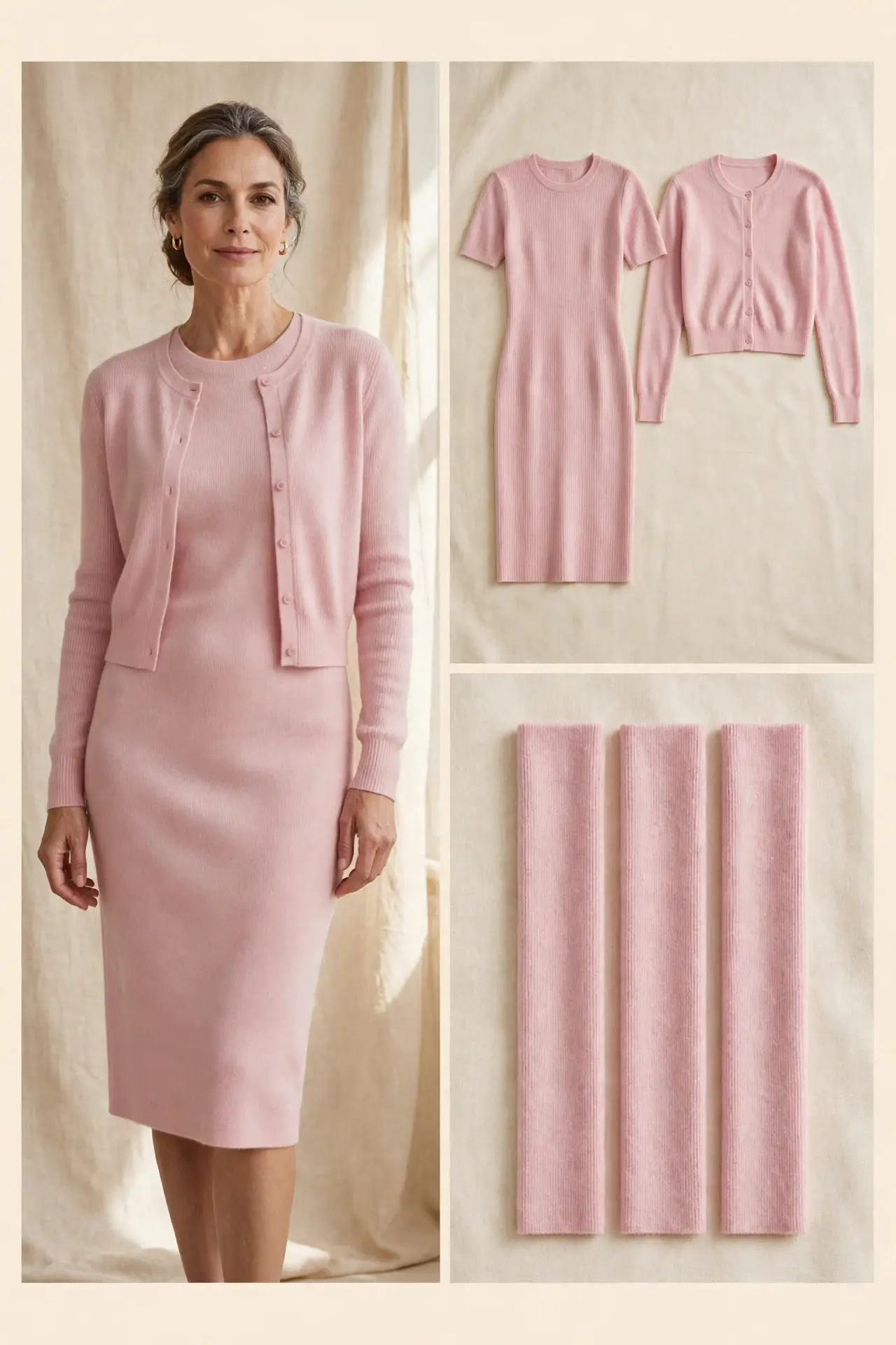 Woman over 50 wearing a soft pink fine merino knit twinset dress with a matching cropped cardigan