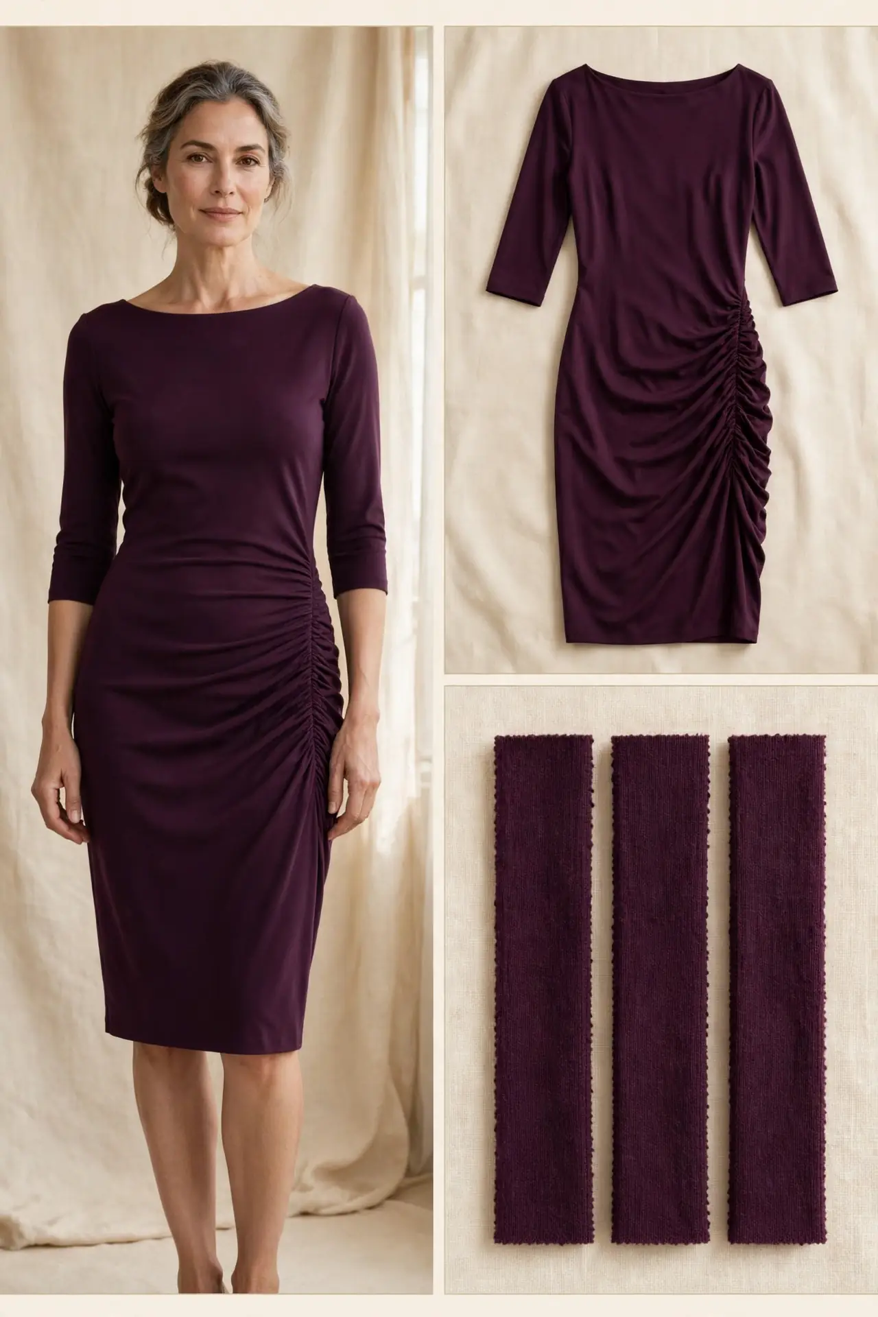 Woman over 50 wearing a deep plum jersey dress with asymmetric ruching along the side seam