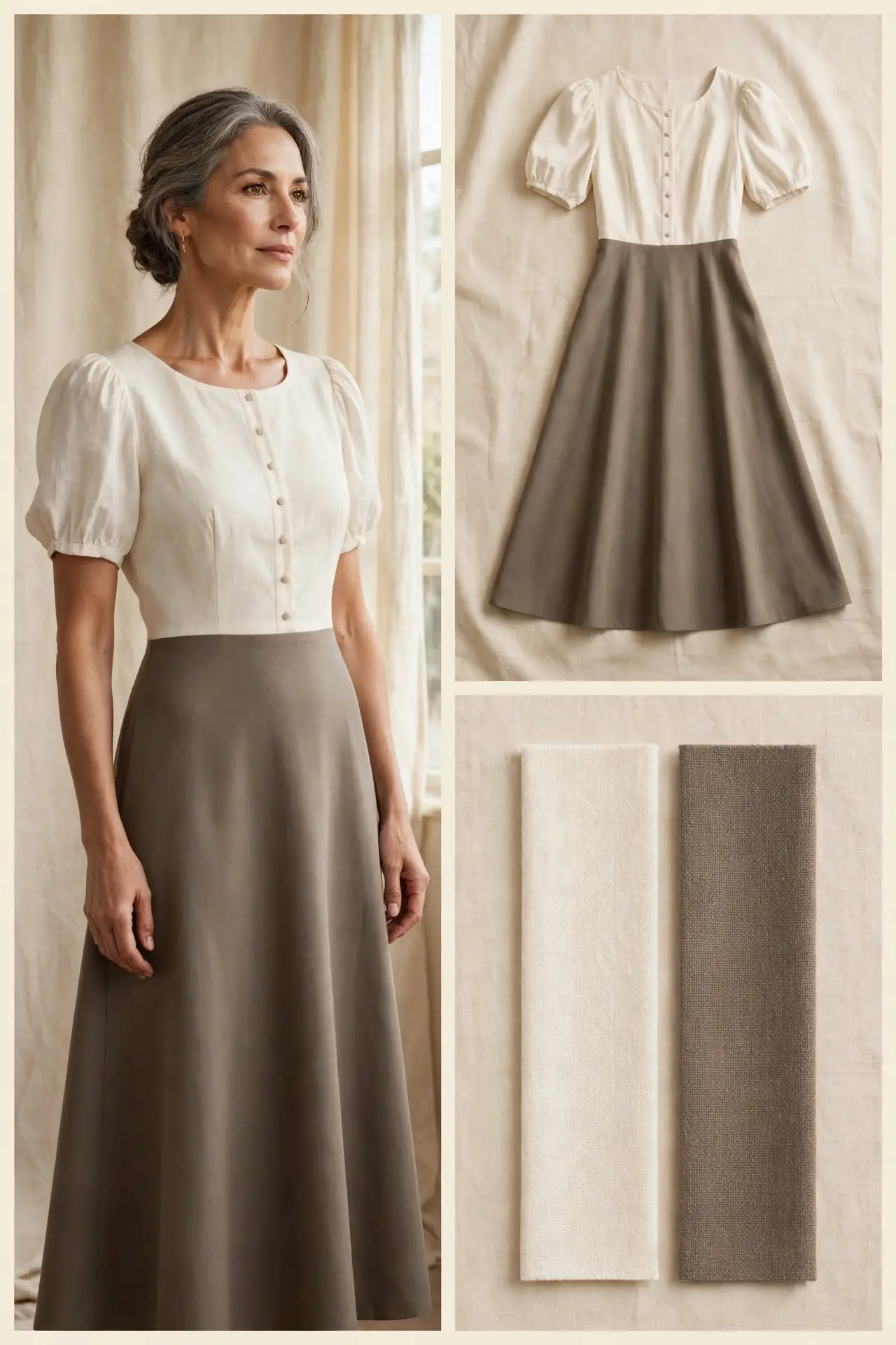 Ivory puff-sleeve dress with taupe skirt for pear-shaped women over 50 — button bodice, flat lay and cotton swatches