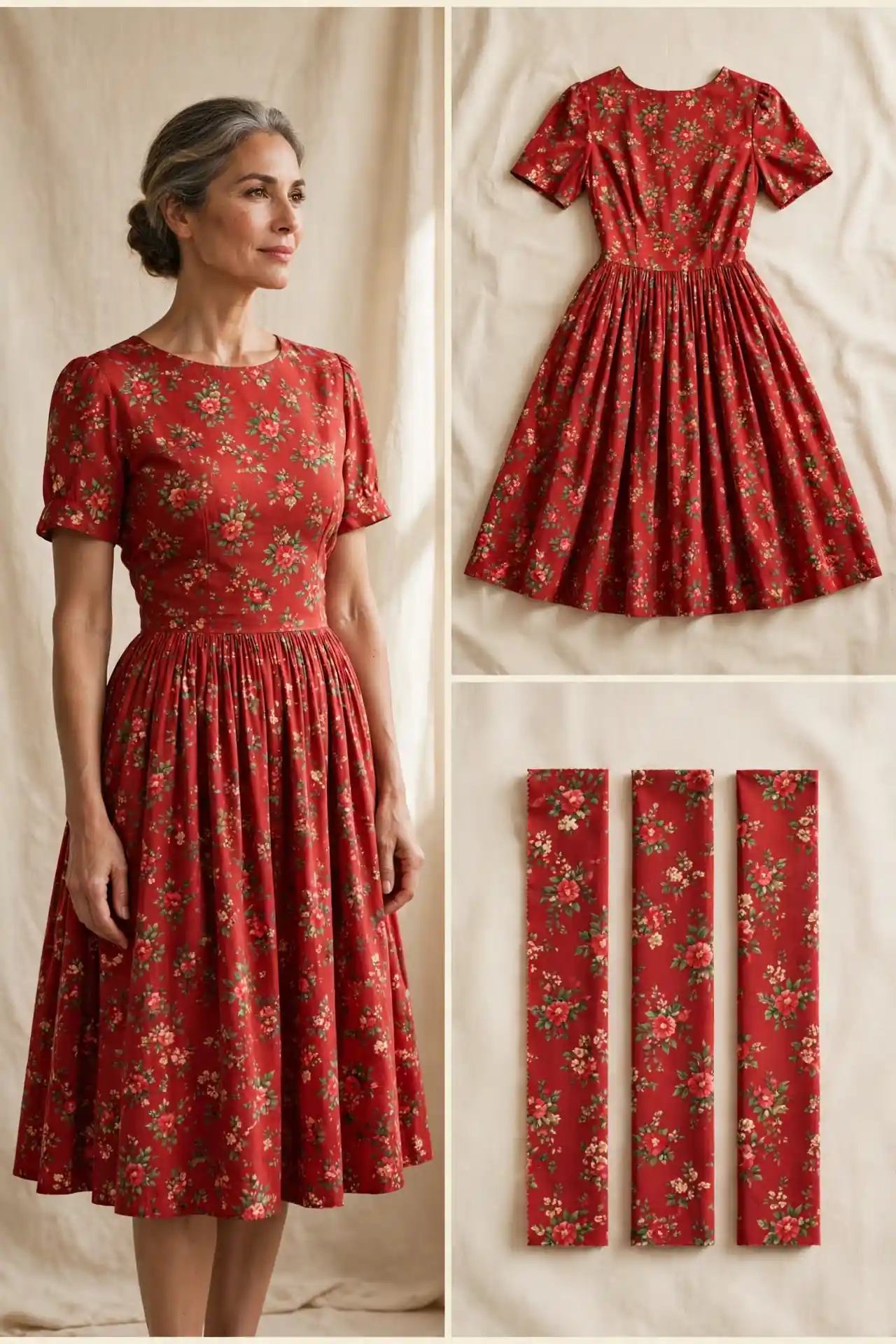 Woman over 50 wearing a red floral full-skirted dress with a gathered print skirt